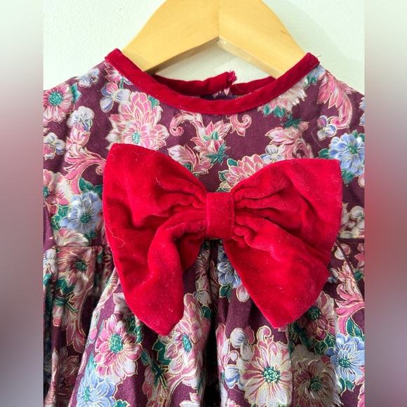 Vintage JoJoe Fashions Floral Dress - Velvet Bow & Trim,Long Puff Sleeve -Size 4 - Picture 2 of 9